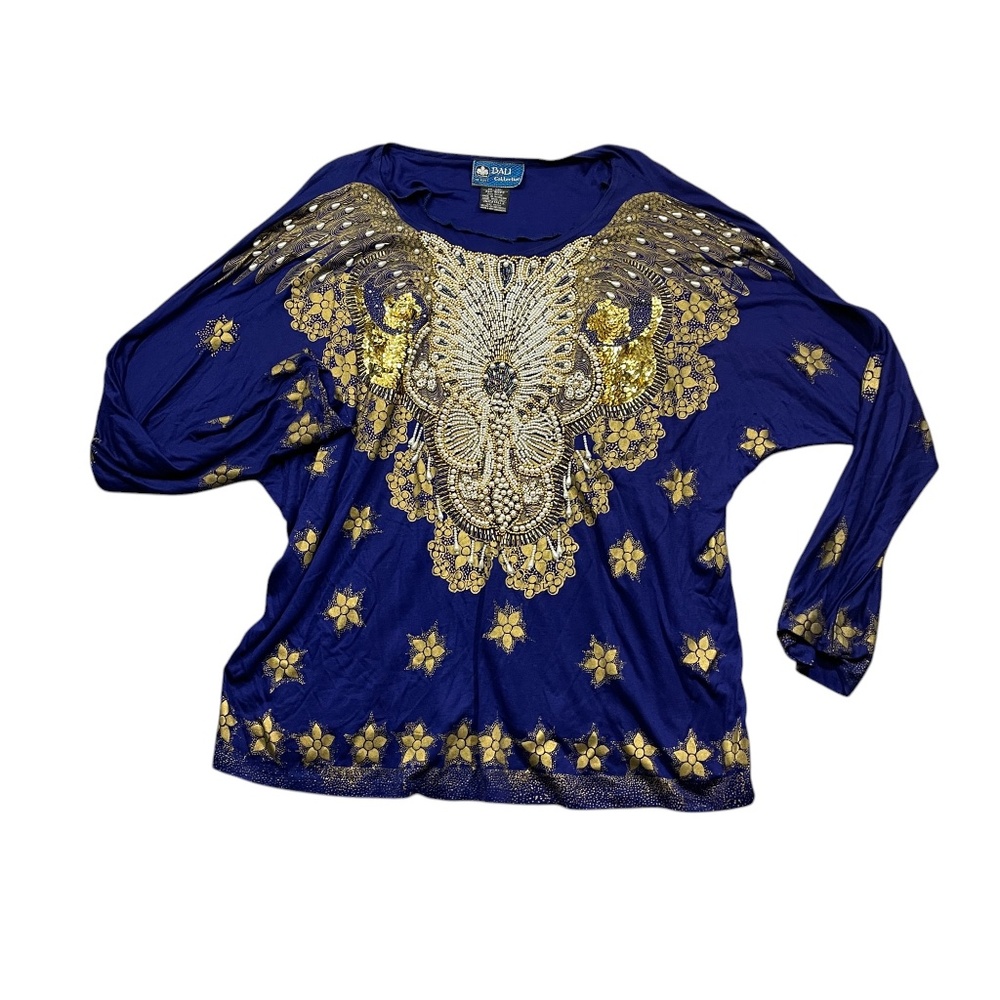 Bali‎ Collection One Size Beaded Blue Gold Tunic 100% Rayon